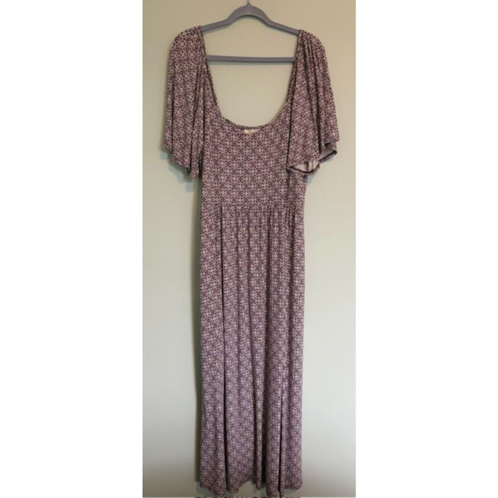 Boden Smock Detail Jersey Maxi Dress Purple White Bell Sleeve Size 16/18